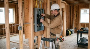 Electrician wiring a switchboard inside a timber-framed house under construction